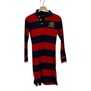 Ralph Lauren Rugby Stripe Polo Dress Red Navy Preppy Collared Cotton Size XS